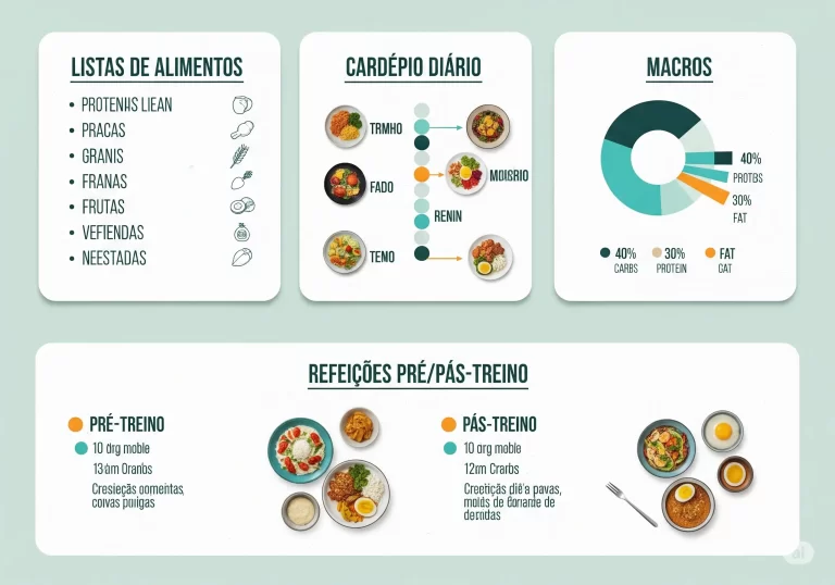 Cardápios de 1 dia, listas de alimentos, macros e pré/pós-treino